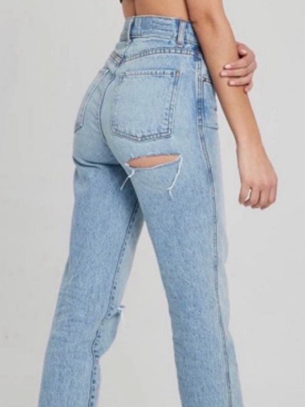 REVICE High-Rise Light Wash Distressed Straight Jeans - bum slit